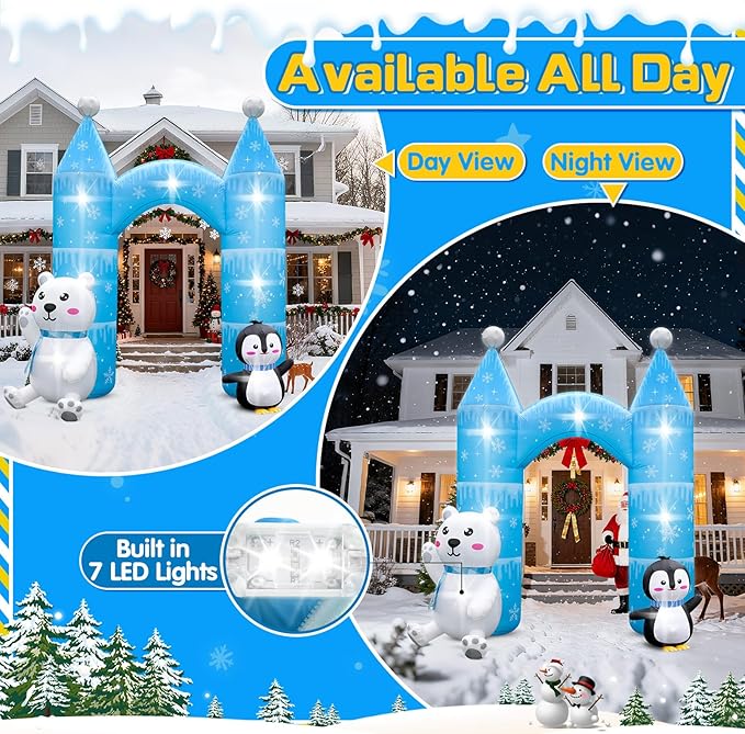 10FT Christmas Penguin Polar Bear Inflatable Arch Outdoor Decoration Snowflake Castle Blow Up Yard Decorations with 7 Lights Giant Inflation for Xmas Archway Indoor Lawn Garden Holiday Winter Party