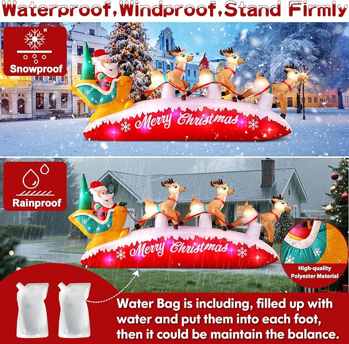 10FT Long Christmas Inflatables Santa Claus with Reindeer Sleigh Outdoor Decorations, Build-in Rotating Colorful LEDs Santa Blow up Yard Decoration for Holiday Xmas Party Indoor Lawn Christmas Eve