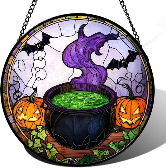 Stained Glass Window Hanging Halloween Scary Pumpkin Bat Magic Liquid 9.8" - Suncatcher Door Garden Sun Catcher Gothic Home Decor Birthday Horror Gifts for Mom Men Woman Friend