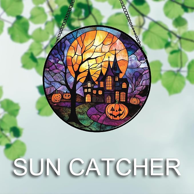Stained Glass Window Hanging Halloween Horror Pumpkin 9.8" - Suncatcher Door Garden Sunroom Golden Moon Church Sun Catcher Birthday for Friend Mom Men Woman Nana