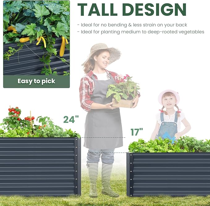 Galvanized Raised Garden Bed Box Planter for Outdoor Plants - Extra Tall 24" Metal Garden Boxes for Vegetables - 48"X36"X24", Midnight Grey
