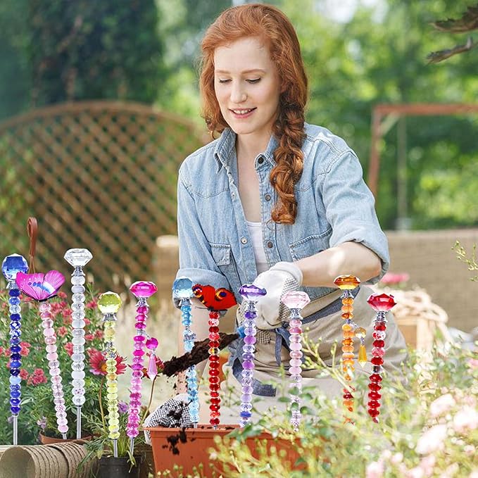 145 PCS Beaded Garden Stakes Kit, DIY Fairy Wand Garden Stake Beads Kits with Assortment Large Hole Beads 6 Colored Random Style Butterfly Tops and Threaded Rods for Outdoor Indoor Decor