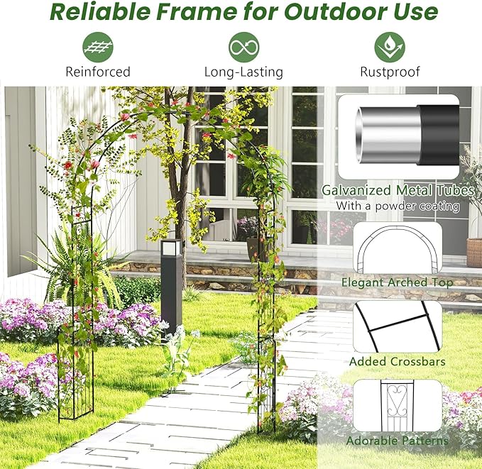 LDAILY 7.9 FT Garden Arch Trellis, Heavy Duty Arbor Pergola, Metal Frame Wedding Arch for Rose Clematis, Trellis for Climbing Plants Outdoor, Party, Ceremony, Garden, Yard, Home Decoration