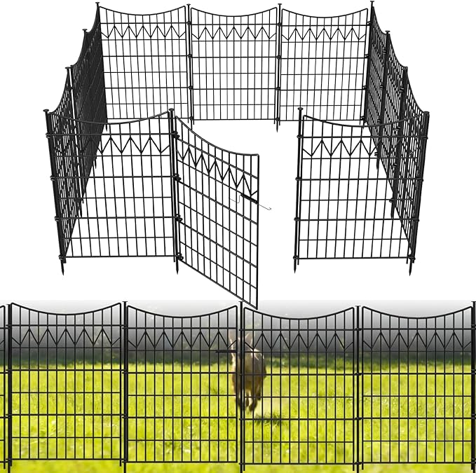 12 Panels Outdoor Dog Fence with gate, 36in(H)×27ft(L) Tall Decorative No Dig Fence | Rustproof Metal Fence Borders | Heavy Duty Reusable Defense Animal Barrier Fence for Yard, Patio, Black