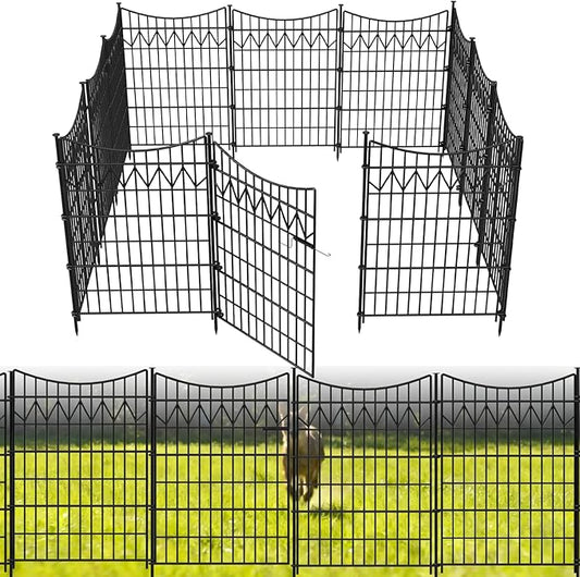 12 Panels Outdoor Dog Fence with gate, 36in(H)×27ft(L) Tall Decorative No Dig Fence | Rustproof Metal Fence Borders | Heavy Duty Reusable Defense Animal Barrier Fence for Yard, Patio, Black