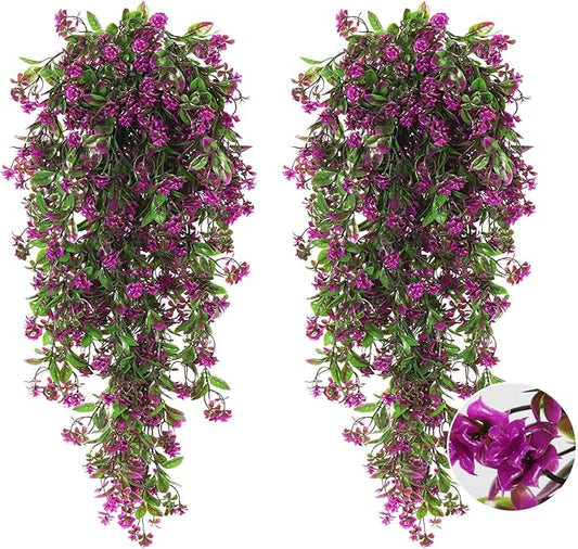 RECUTMS 2Pcs Artificial Hanging Flower Greenery Plants Faux Greenery Artificial Plants for Outdoors Hanging Basket Plastic Home Garden Wedding Party Decorations(Fuchsia)