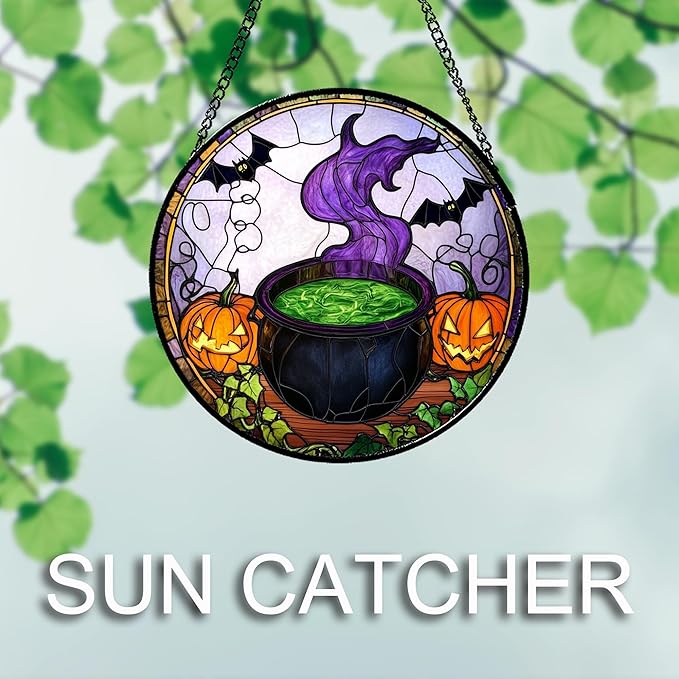 Stained Glass Window Hanging Halloween Scary Pumpkin Bat Magic Liquid 6.3" - Suncatcher Door Garden Sun Catcher Gothic Home Decor Birthday Horror Gifts for Mom Men Woman Friend