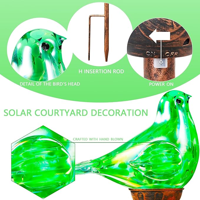 Solar Bird Garden Stake Lights - Hand Blown Glass Decorative Garden Pathway Lights Outdoor Waterproof Bird Glass Stakes (Green)