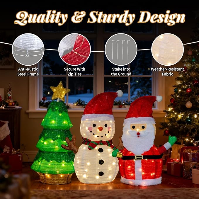 VINGLI 3 Pack 30" 30 Inch Lighted Snowman Santa Claus Christmas Tree Decorations, Prelit Multicolor LED Xmas Yard Lawn Porch Decor for Indoor Outdoor Holiday Winter Christmas Display Set pathway decor