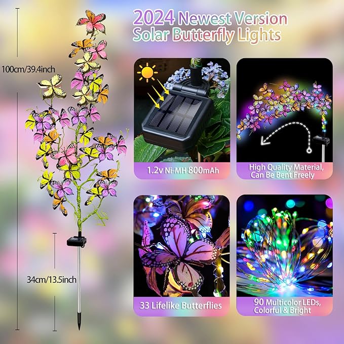 Solar Garden Lights Outdoor, Waterproof Solar Butterfly Lights 2 Pack Willow Vine Light with 80 LED 33 Butterfly Colorful Lighting for Garden Yard Lawn Outdoor Decor, Gift for Mom Women Mother's Day