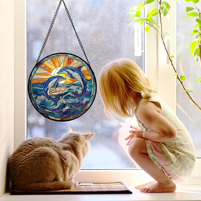Stained Glass Window Hanging, Blue Dolphin Sun Catchers Colorful Glass Panel Sunrise Sea View Suncatcher Decor for Birthday for Women, Men, Wife, Aunt, and Mom 9.8 in