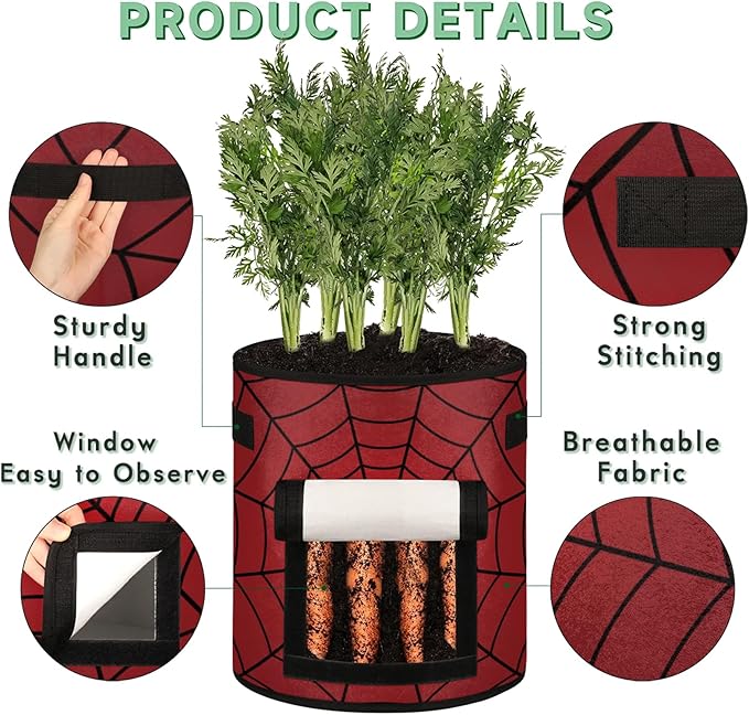 Vegetable Grow Bags Red Spiders Web 7 Gallon Thickened Nonwoven Plant Pot Flowers Potato Fruit Plant Grow Bag with Handle Garden Plant Bag Outdoor 2 Pack