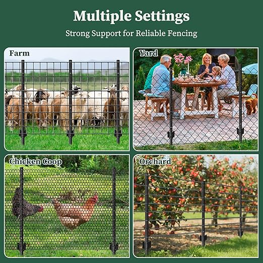 10 Pack Metal Fence Posts, 5ft Heavy Duty U-Post, Black Garden Stakes, No-Dig Post Anchors for Wire Fences, Temporary Fencing, Electric Fence, and Corner Support