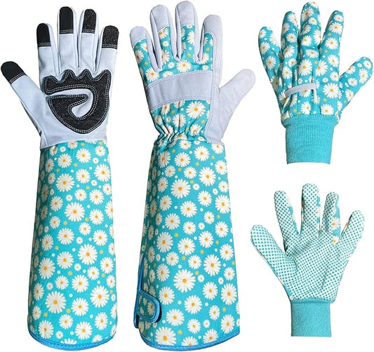 Long Sleeve Thorn Proof Gardening Gloves for Women - 1 Pair Long and 1 Pair Short for Yard Work - Gardening Gifts (Green, Medium)