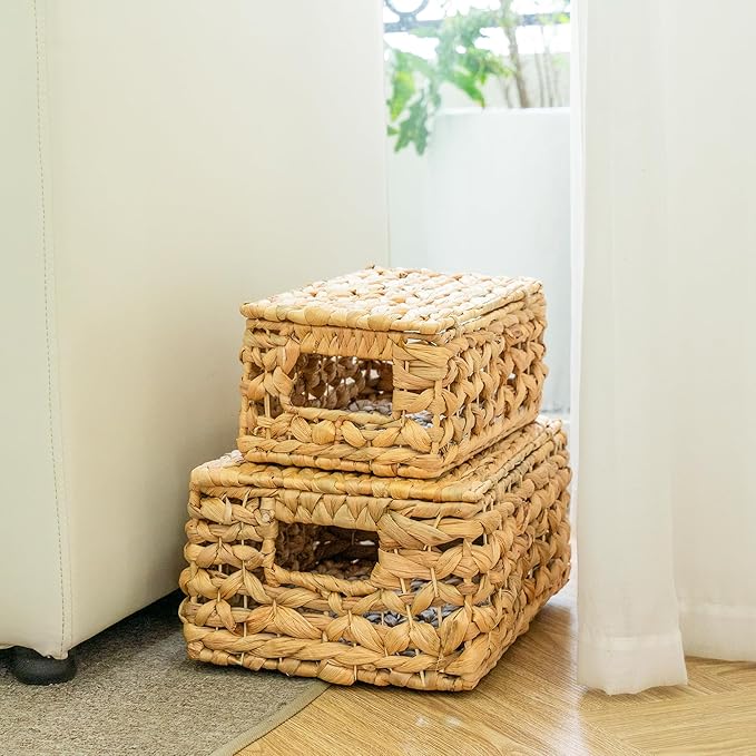 Set of 2 Decorative Storage Boxes with Lids, Wicker, Decorative for Home Decor, Seagrass