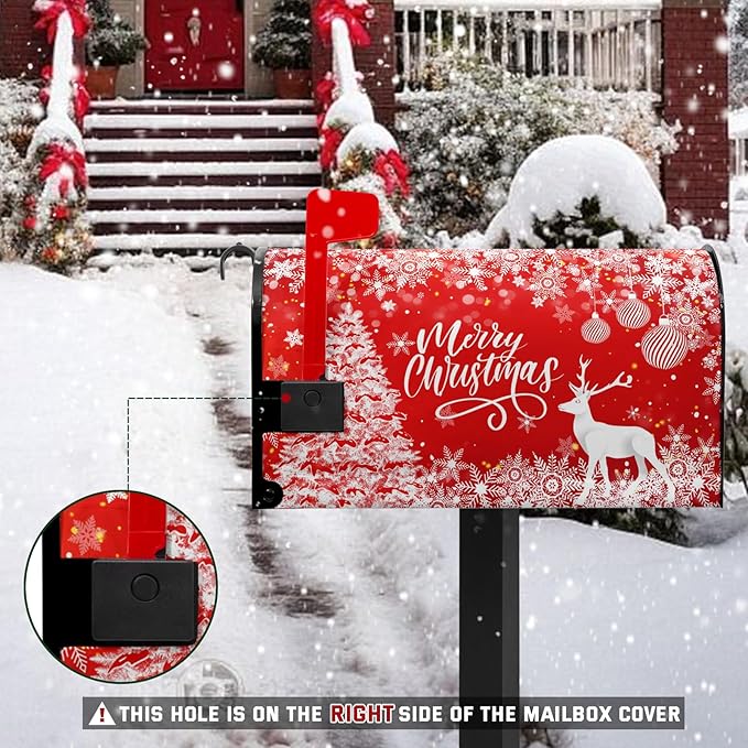 Merry Christmas Mailbox Covers Magnetic Large Size 25.5 x 21 Winter Deer Snowflake Oversized Mailbox Cover Xmas Tree Post Letter Box Cover for Outside Garden Yard Red