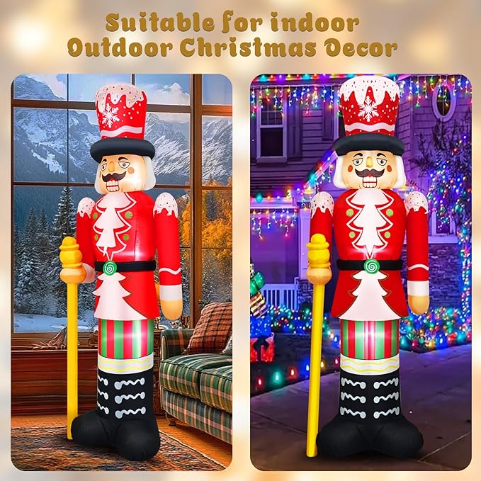 Christmas Inflatables Nutcracker Decoration Blow Up 8FT Santa Figurine Red & White Soldier with Candy Cane Stripes, Staff & Crown Hat Festive Holiday Decor for Lawn, Garden Xmas Display