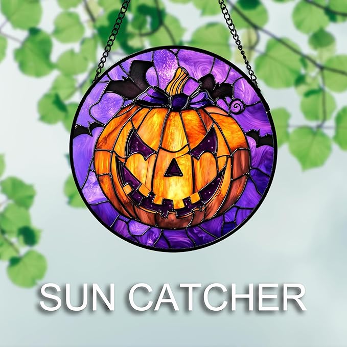 Stained Glass Window Hanging 4 Pcs Set Purple Gothic Theme 9.8" - Horror Halloween Suncatcher Door Garden Sun Catcher Decor Birthday White Elephant Gifts for Mom Woman Men Friend