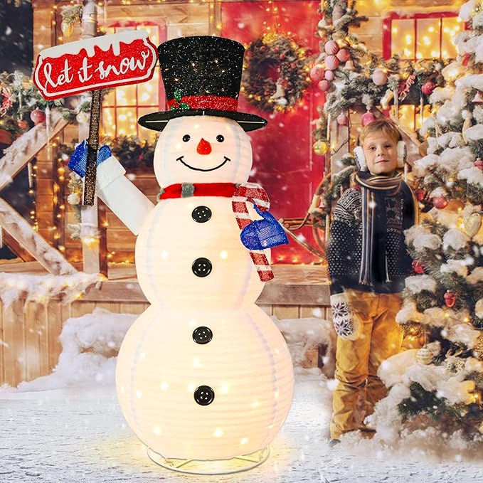 5.2FT Lighted Christmas Snowman Outdoor Pre-lit 3D Glittered Popup Snowman with LED Lights Let It Snow Sign Lighted Standing Ornament Outdoor Indoor Xmas Decoration for Home Lawn Yard Garden Display