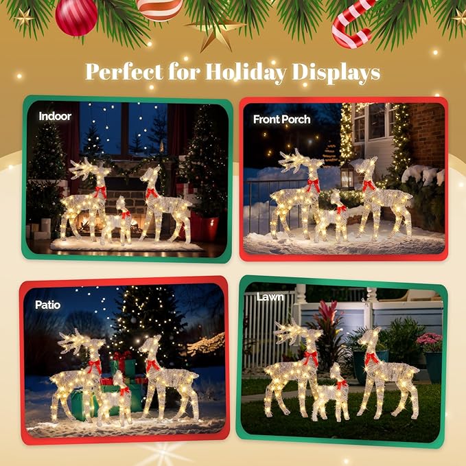 VINGLI 3-Piece Lighted Tinsel Christmas Reindeer Family Set, 3FT White Buck Doe Fawn Outdoor Yard Decorations, Pre-lit 110 Warm White LED Lights, Weatherproof Xmas Lawn Garden Home Decor