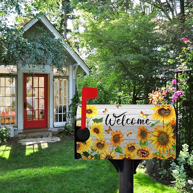 Summer Sunflowers Welcome Mailbox Covers Magnetic Standard Size Yellow Flower Mailbox Post Cover Spring Floral Mailbox Wraps Outdoor Decor for Garden Yard 21x18 Inch