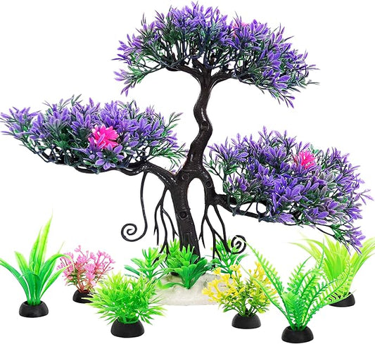 Fish Tank Aquarium Decorations Artificial Plastic Plants Bonsai Tree with Small Aquarium Decorations Kit (Purple 2)
