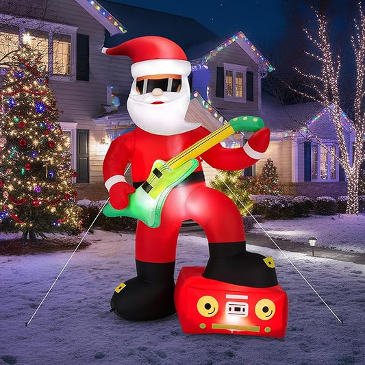 VINGLI 7.5ft Black Musical Santa Inflatable, Christmas Inflatable Santa Claus Playing Guitar, Gaint Blow up Outdoor Decoration with LED Lights for Lawn, Garden, Xmas Holiday Decor