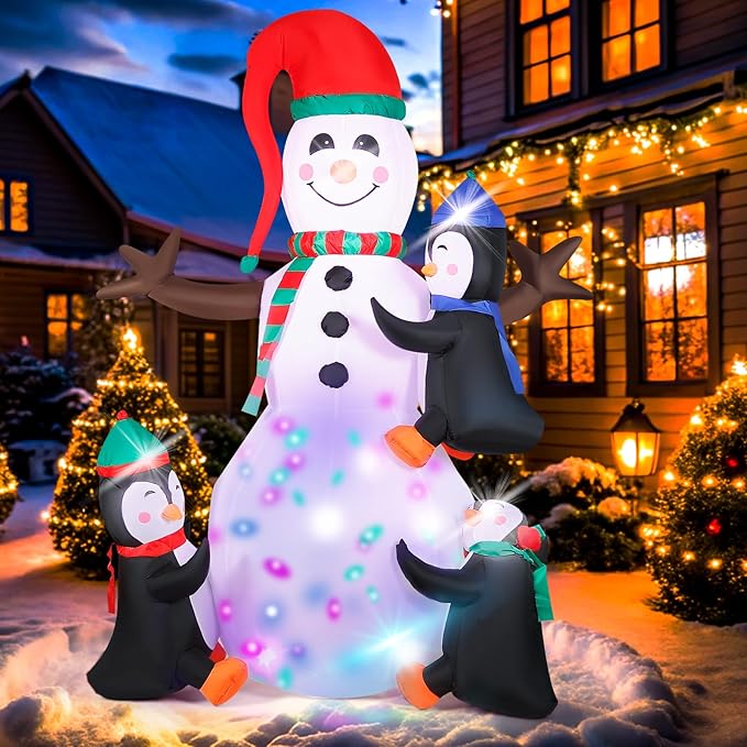 7FT Christmas Inflatable Snowman with 3 Penguins & Multi-Color LED Lights, Blow Up Outdoor Yard Decoration, Animated Winter Holiday Decor for Garden, Lawn, Xmas Party