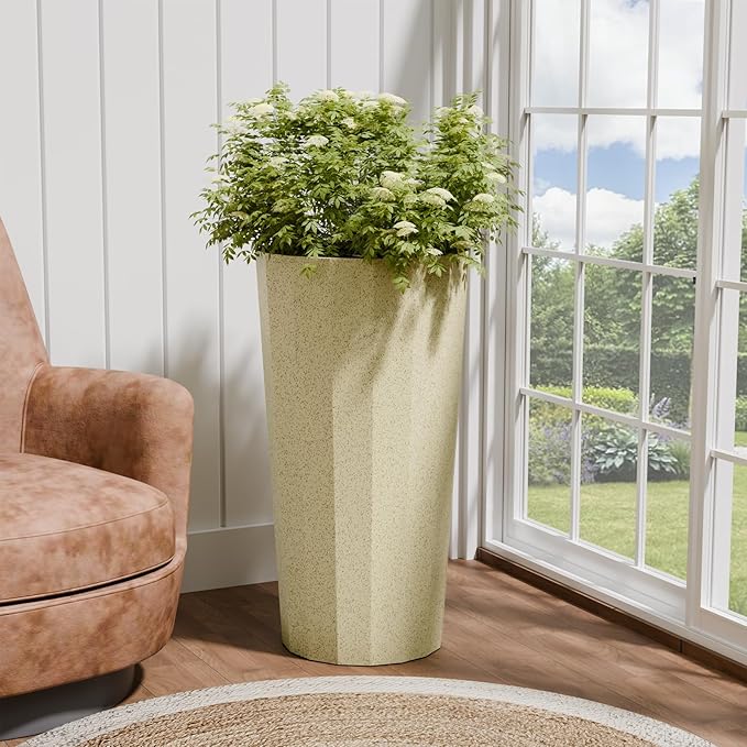 23.6" Tall Planters for Outdoor Plants, Large Outdoor Planters for Porch Decor with Drainage Hole, Wide Stripe Design Flower Pots Fits Indoor Plants Patio/Garden, Plastic Off White (2 Pack)