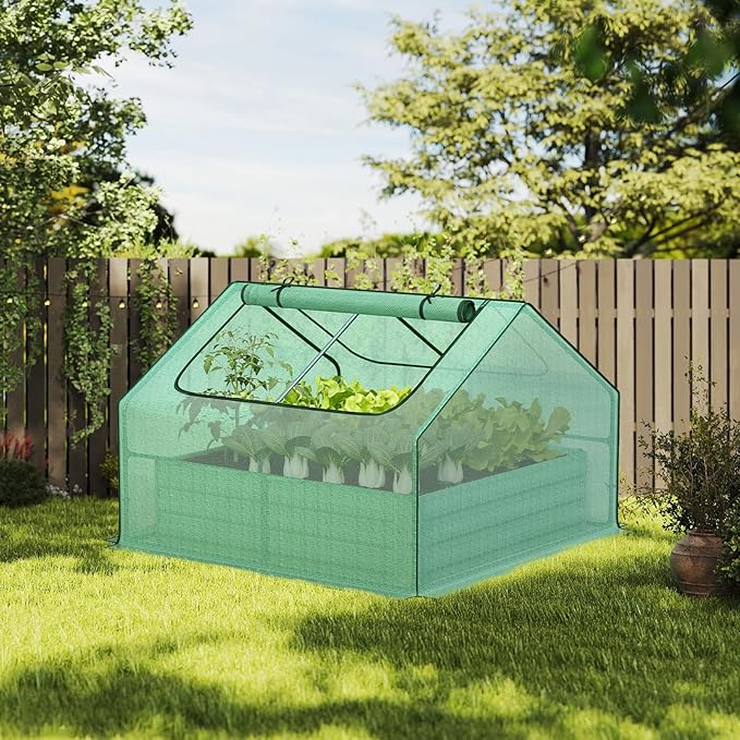 Aoodor 4 x 4 x 1 ft Galvanized Raised Garden Bed, Mini Greenhouse Kit with 2 Roll-up Zipper Doors for Vegetables, Flowers, and Herbs,Green
