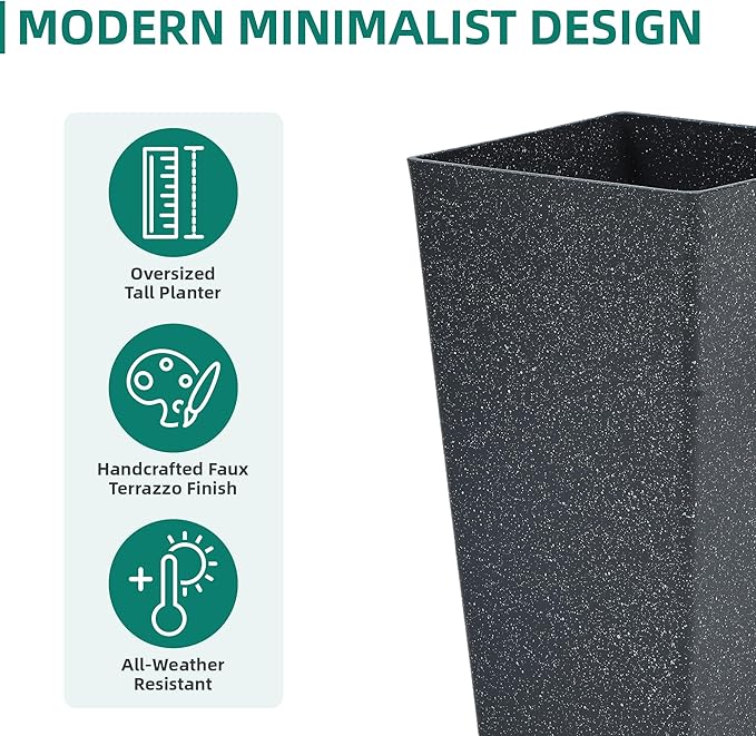 28" Large Planters Tall Square Planter for Plants Outdoor Set of 2 V-Shaped Flower Pot Black Terrazzo Garden Plants Pots, Durable and Weather-Resistant for Patio, Porch Home