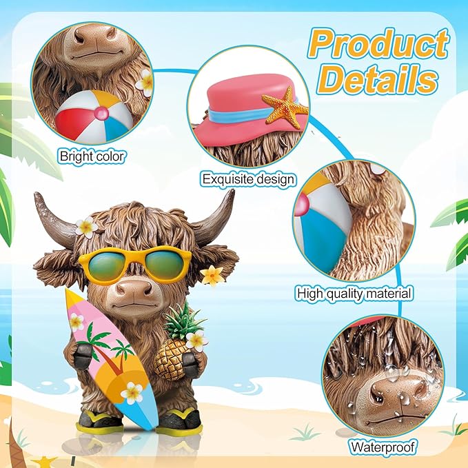 Karenhi 2 Pcs Highland Cow Figurines Summer Beach Seaside Coastal Highland Cow Gnomes Scottish Resin Statue Calf Lovers Gifts for Summer Home Garden Kitchen Office Tiered Tray Table Decor
