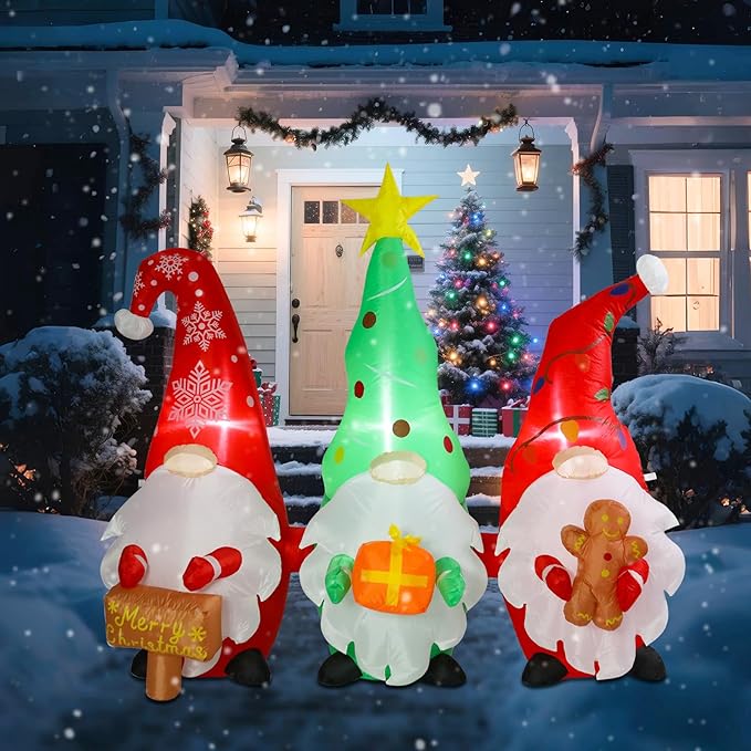 6 FT Long Christmas Gnomes Inflatable Outdoor Decorations, Inflatable Gnomes with Sign and Gingerbread Man Built-in LED Lights Blow Up Yard Decorations for Holiday Indoor Outdoor Party Garden Lawn
