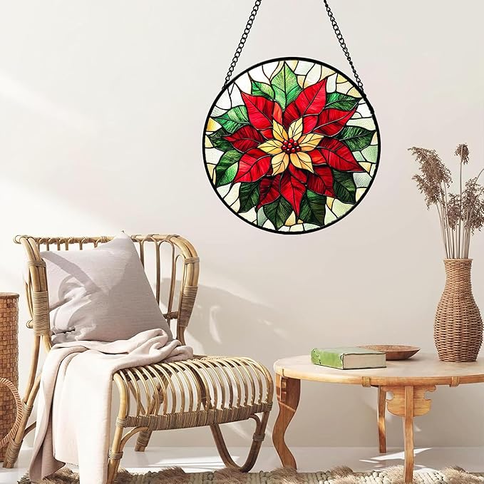 Stained Glass Window Hanging - Red Poinsettia Birth Flower Sun Catcher for Door Garden Home Decor Suncatcher Christmas Mother's Day Birthday Gifts for Women Men Mom Girl Nana Friend 6.3 in