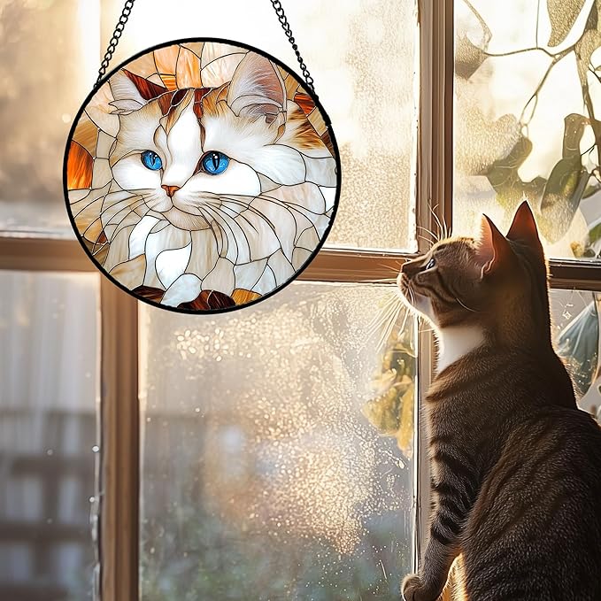 Stained Glass Window Hanging 4 Pcs Set Cute Cat and Dog 9.8" - Animal Suncatcher Door Garden Sun Catcher Decor Birthday Mother's Day for Mom Woman Nana Girl Boy Friend
