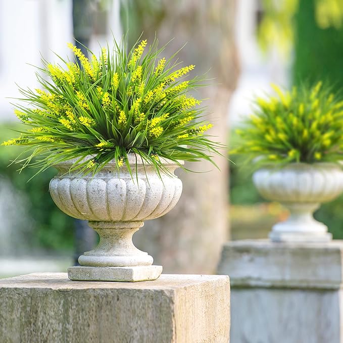 Sggvecsy 24 Bundles Artificial Plants Outdoor Faux Lavender Flowers Fake Monkey Grass UV Resistant Plastic Greenery Plants for Garden Home Porch Window Patio Hanging Planter Indoor Decor (Yellow)