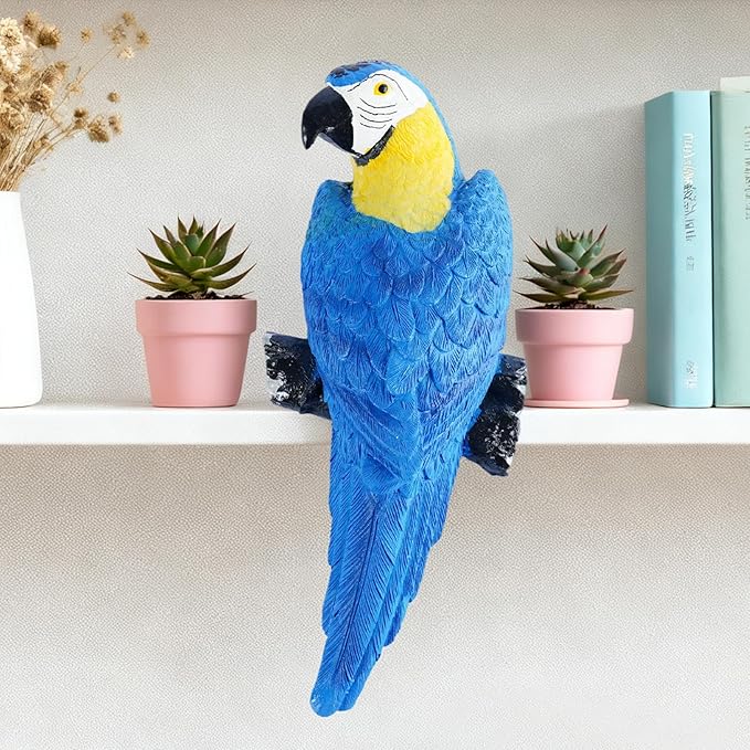 Hanging Blue Parrot Resin Statue - Wall Mountable Bird Sculpture with Hook Slot for Garden Courtyard & Indoor Wall Decor
