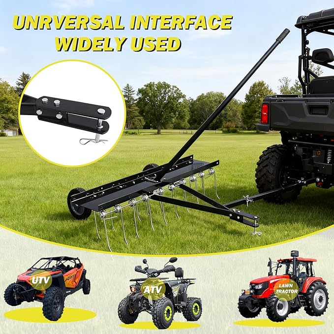 Tow Behind Dethatcher, 40-Inch Tow Lawn Dethatcher with 20 Spring Steel Tines, Lawn Dethatcher Rake Compatible with ATV & Mower, Tow Behind Lawn Rake with Lift Handle for Garden, Farm & Grass