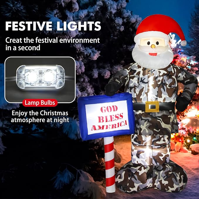 Christmas Inflatable Outdoor Decoration, 7FT Giant Blow Up Camouflage Santa Claus Xmas Decorations Soldier Army Gift, Built-in LED Lights Holiday Decor for Indoor Outside Lawn Garden