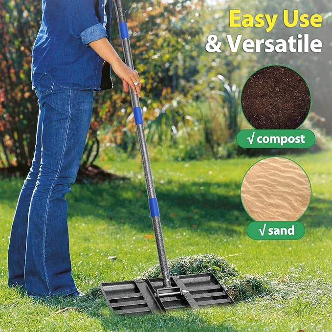 Lawn Leveling Rake, 6 FT Long Lawn Leveler with 17 x 10 Small Rakes Head for Smooth Garss Soil Dirt Sand, High Effect Long Handle Ground Leveling Tool with Round Edge for Yard Garden, No Flip