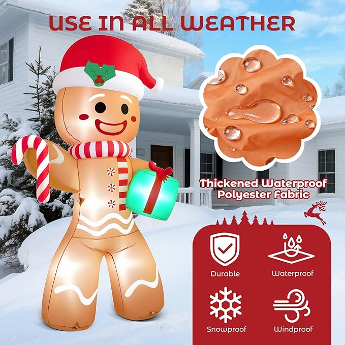 Christmas Inflatable Gingerbread Man, Blow Up Holiday Party Decor with Build-in LED Lights, Waterproof Inflatable Christmas Decorations for Outdoor Roof Yard Lawn Garden Indoor (Brown, 8FT)