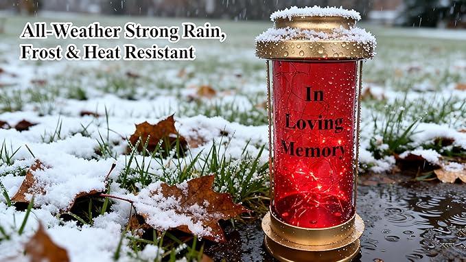 Gold Metal & Red Acrylic Outdoor Solar Candle Holders, Decorative Candle Lanterns with Long Ground Stake, Fall Solar Lights Outdoor Cemetery Lights for Grave, Grave Decorations for Cemetery