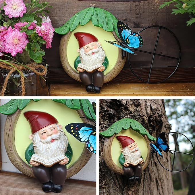 Resin Garden Gnome Statue Outdoor, Luminous Fairy Garden Gnome Reading Book Figurine and Butterfly Decoration 4.73in Luminous Elf Peeker Yard Art Sculpture Home Decor for Patio Yard Mother