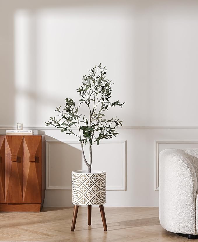 naclto 12 Inch Planter Pot with Stand,Plant Pot for Indoor Plants,Large Modern Flower Pots Indoor Outdoor with Drainage for Home Garden Patio, White and Gold