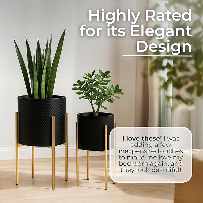Set of 2 Metal Decorative Planter Pot with Gold Stand – Outdoor & Indoor Plant Pot with Embossed Textured Finish – Modern Garden & Home Decor Iron Planters – 23" & 19", Black