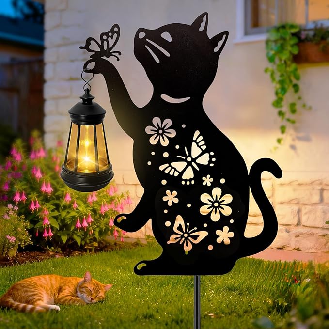 ANGMLN Cat Outdoor Solar Lantern Waterproof, Birthday Gifts for Christmas Women Mom, Solar Hanging Lights with Butterfly, Black Cat Metal Figurine Garden Decor Patio Yard Pathway Backyard Ornaments