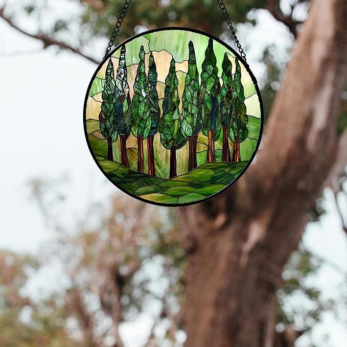 Stained Glass Window Hanging 4 Pcs Set Forest Green Trees Winter Snow 9.8" - Suncatcher Door Garden Sun Catcher Home Decor Birthday Mother's Day for Woman Nana Mom Men