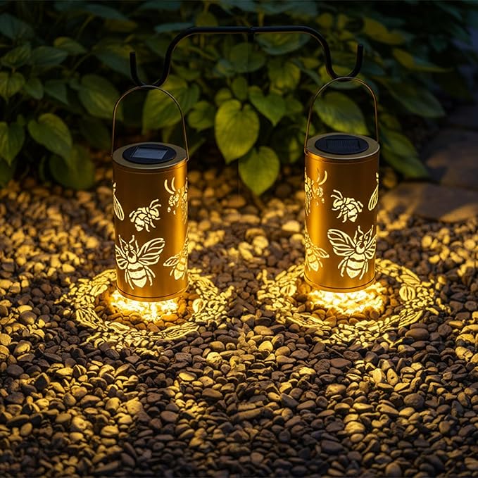 2pack Large Size Solar Laterns Outdoor Waterproof Metal Bee Patterns Garden Decor Gifts for Women Mom Grandma Hanging Solar Lights Decoration Outside for Yard, Patio, Backyard, Porch