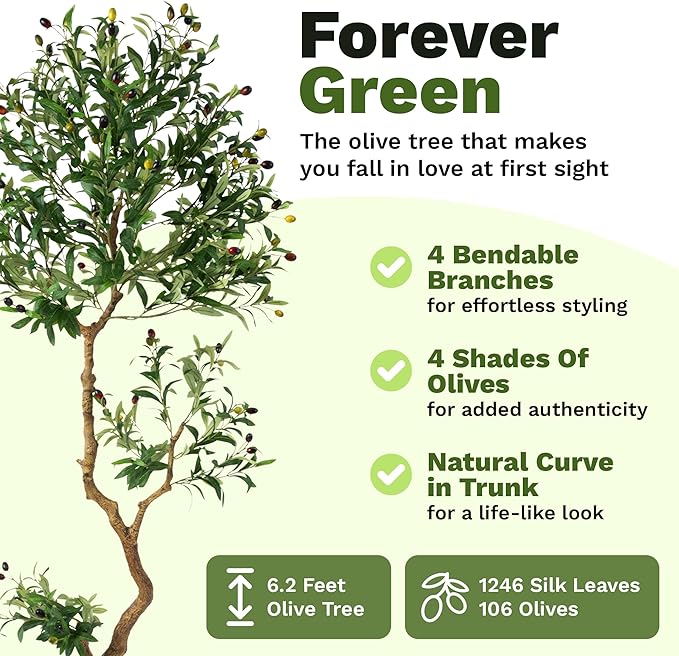 Fake Olive Tree 6.2 Feet – Artificial Plants Indoor, Faux Olive Tree, Fake Tree for Home Decor, Faux Trees Indoor for Living Room, Office, Bedroom – Tall Artificial Trees for Home, Designer Tree