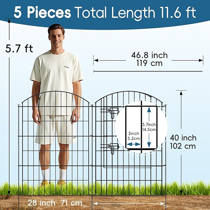 Metal Garden Fence 40 in H x 28 in W 5 Panels (4 Panels + 1 Gate) Total Length 11.6 ft, No Need Dig Rustproof Animal Barrier Fencing Border Fence for Dog, Patio,Yard, Landscape, Flower Bed